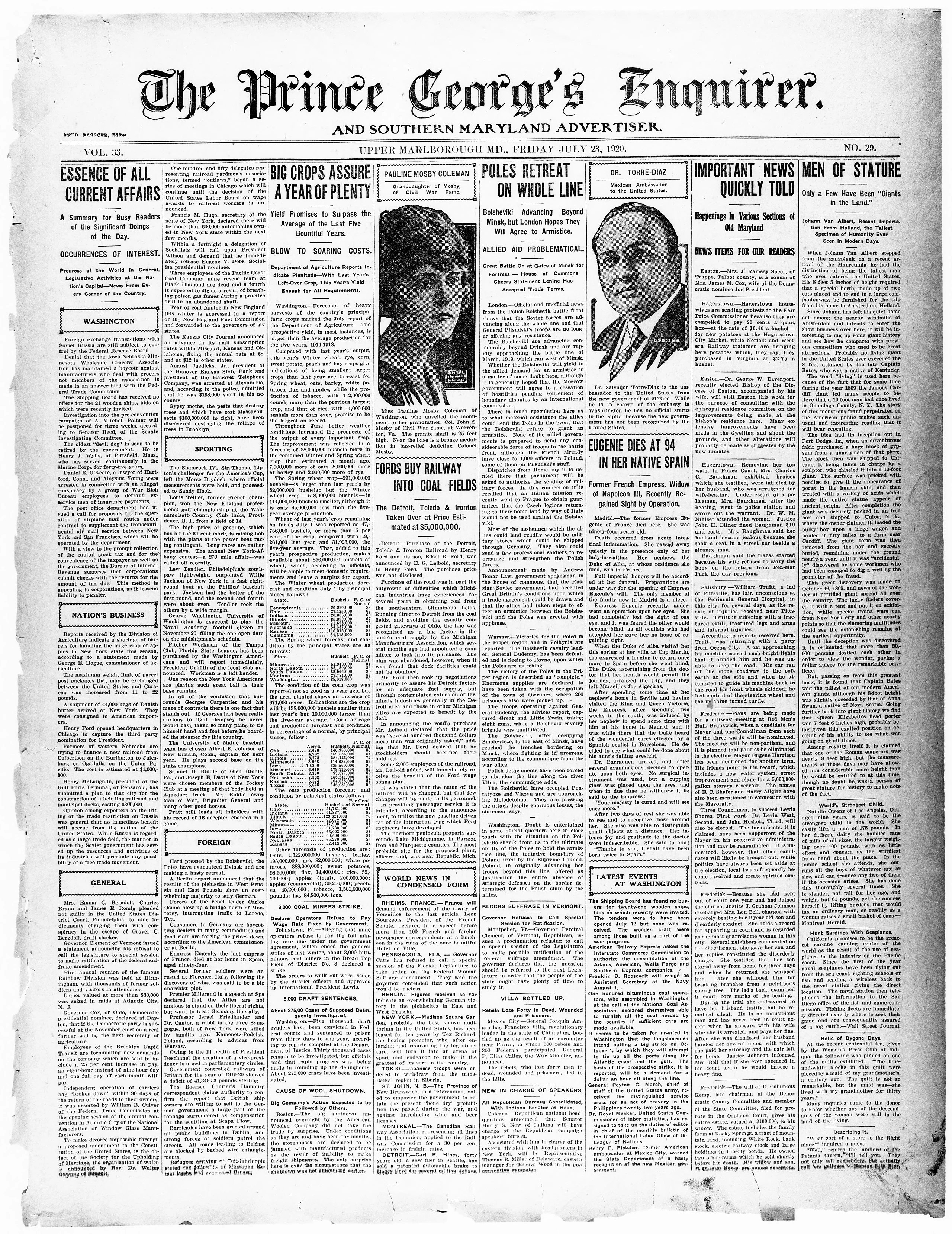 Image 1 of The Prince George's enquirer and southern Maryland advertiser (Upper Marlborough, Md.), July 23, 1920