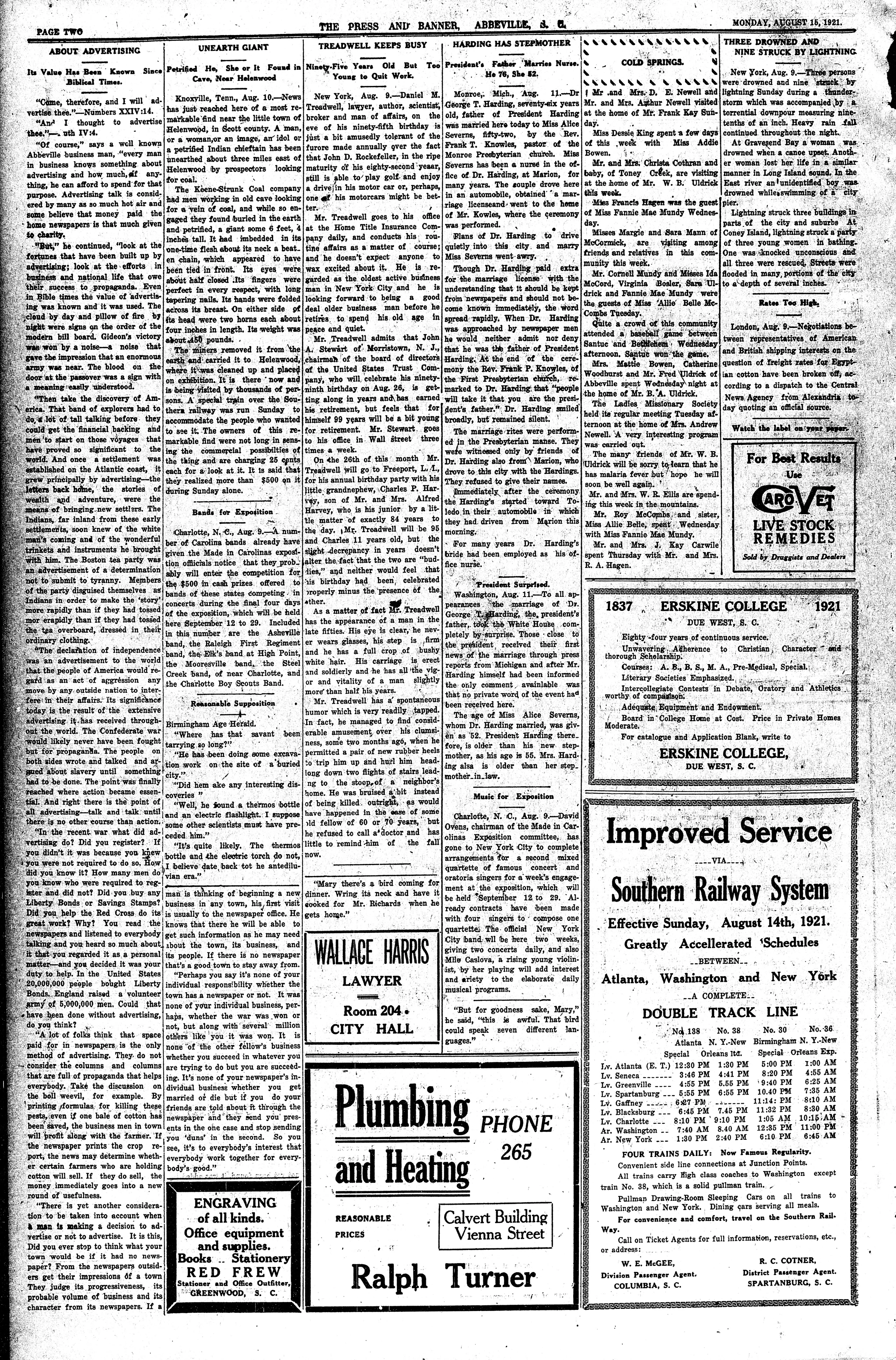 Image 2 of The Abbeville press and banner (Abbeville, S.C.), August 15, 1921