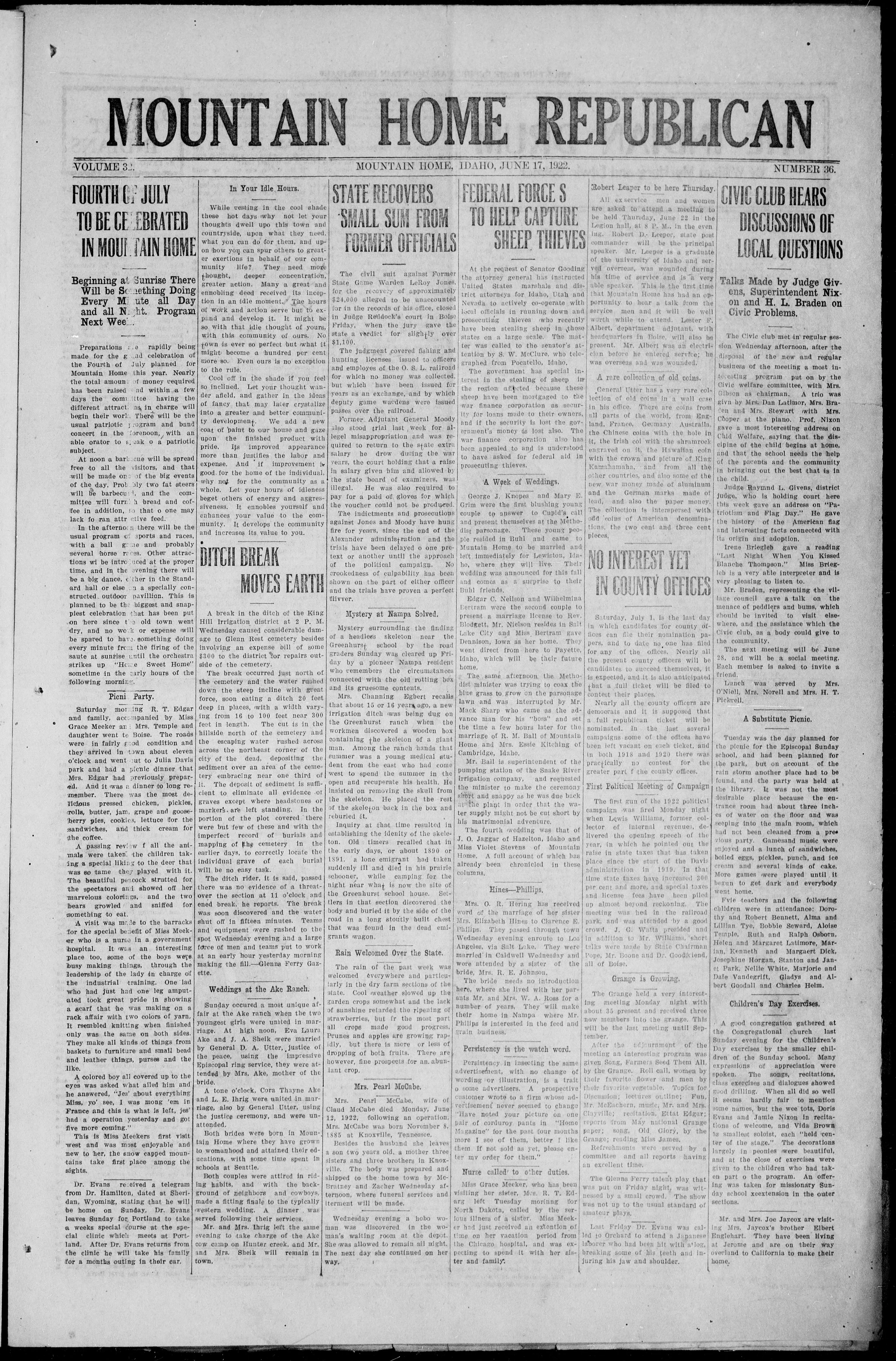 Image 1 of Mountain Home Republican (Mountain Home, Idaho), June 17, 1922