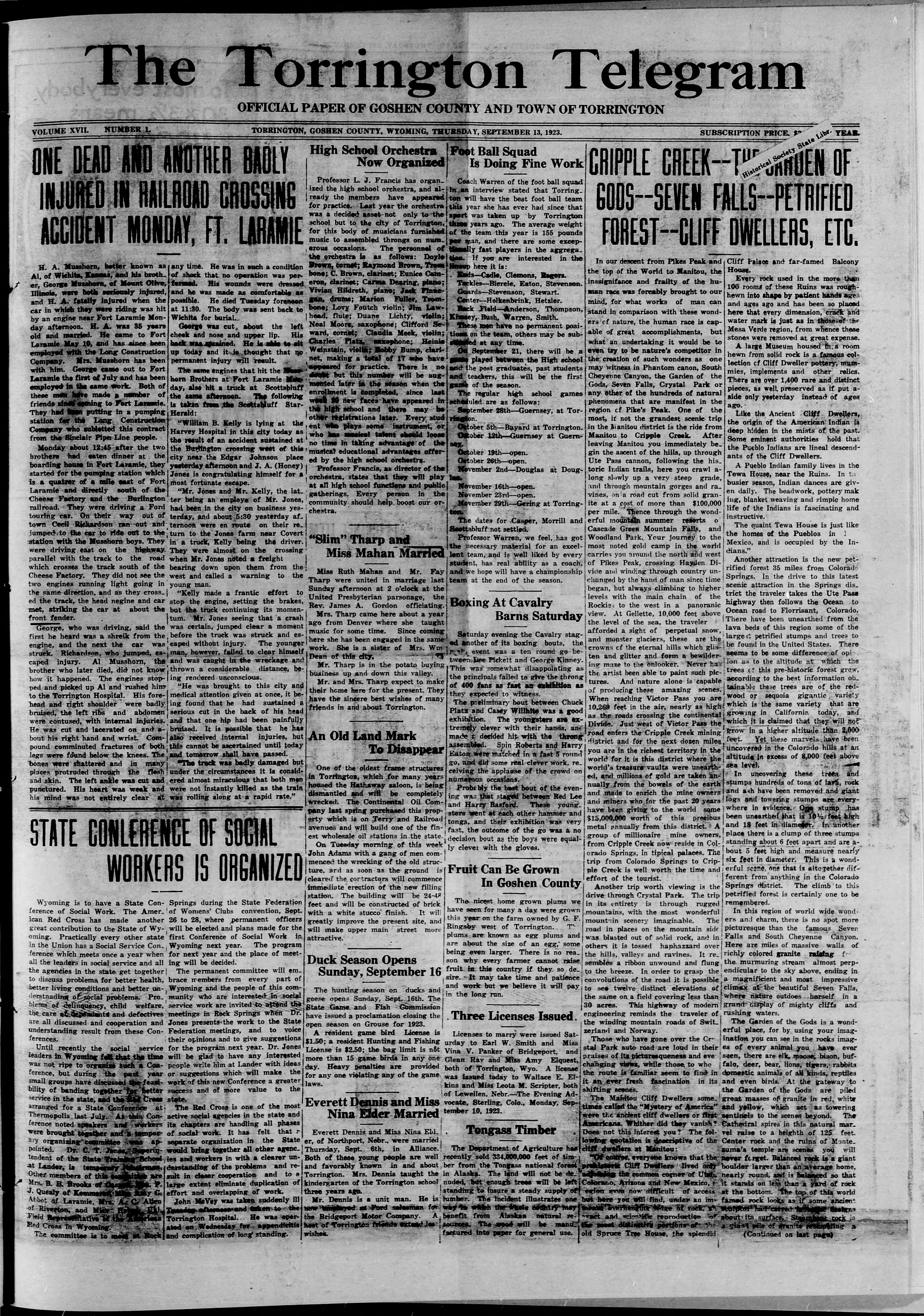 Image 1 of Torrington telegram (Torrington, Laramie County, Wyo.), September 13, 1923