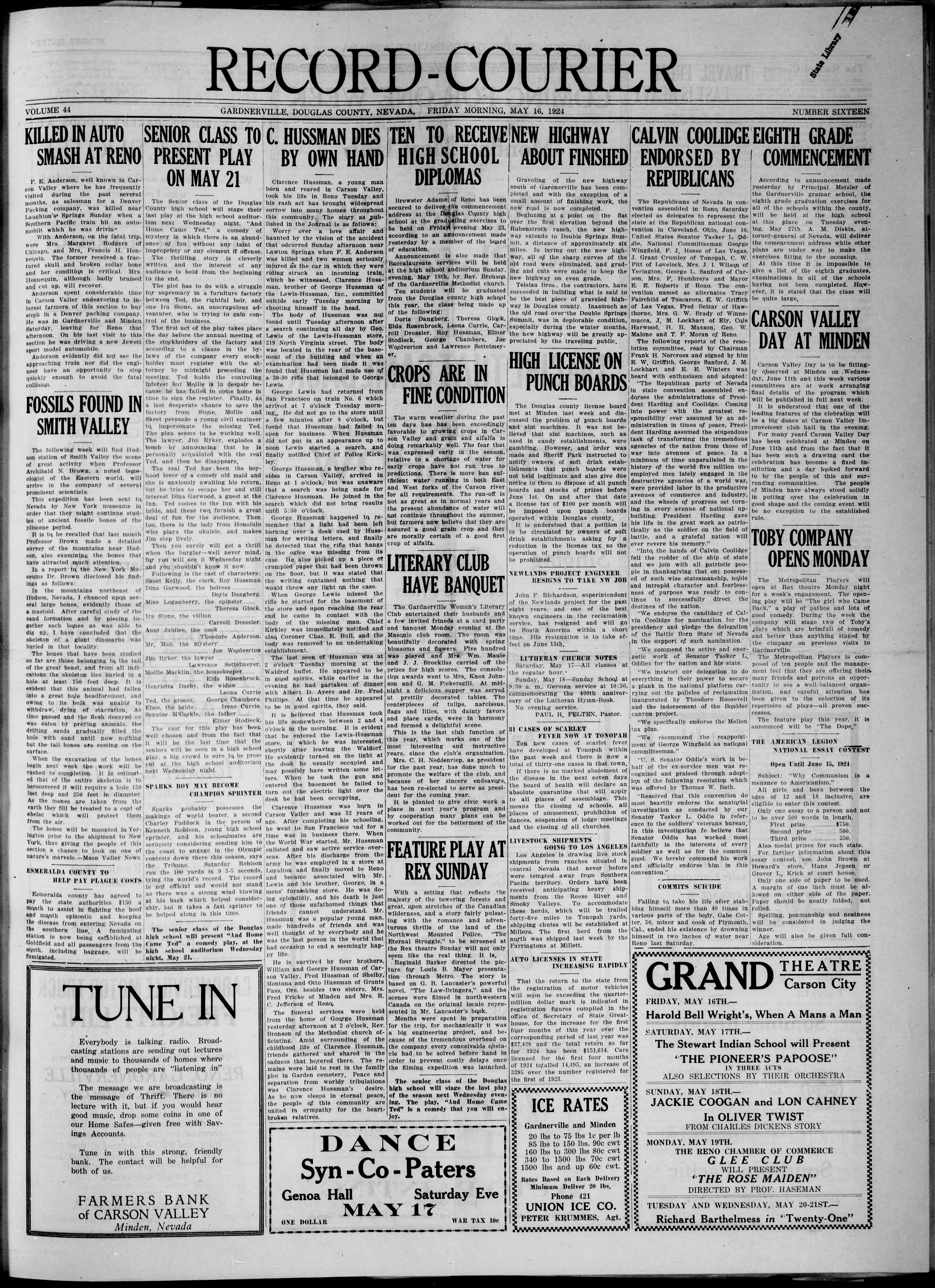 Image 1 of The Record-courier (Gardnerville, Nev.), May 16, 1924