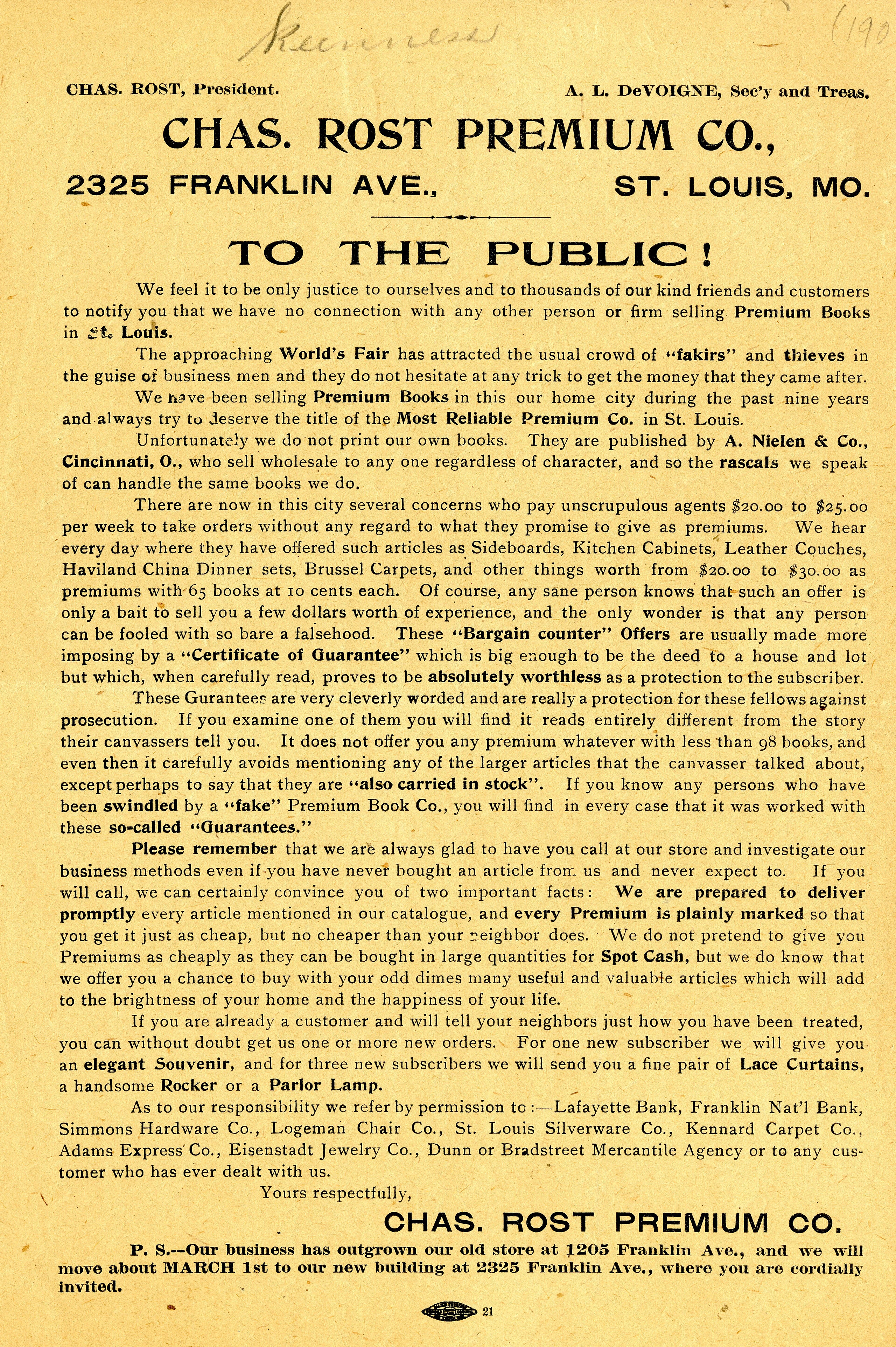 Advertising circular of the Chas. Rost Premium Co., 2325 Franklin Ave. (formerly at 1205 Franklin Ave.), ca. 1902