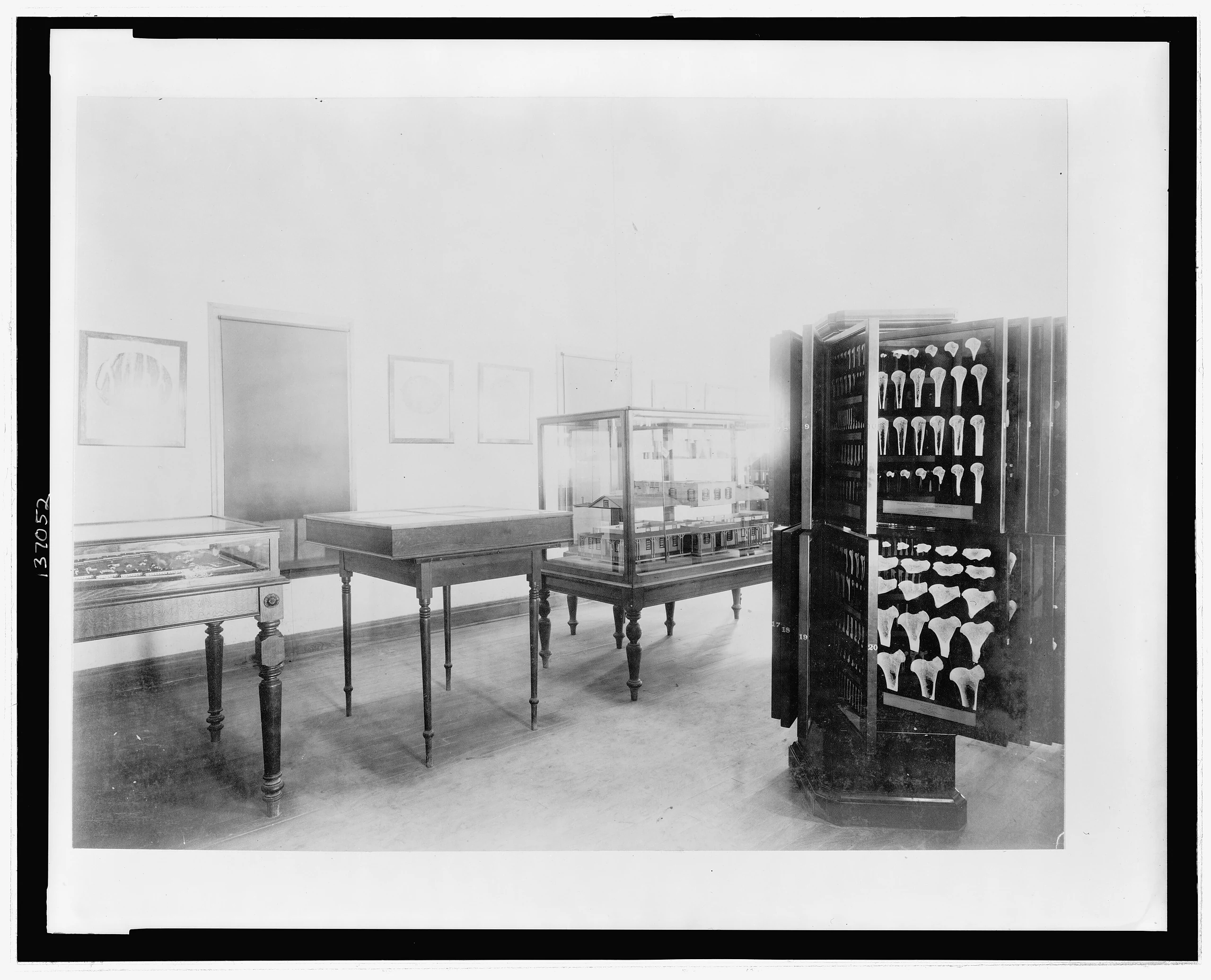 Display showing model hospitals(?) and a display of bones, probably by the U.S. Surgeon General, at the Chicago's World's Columbian E