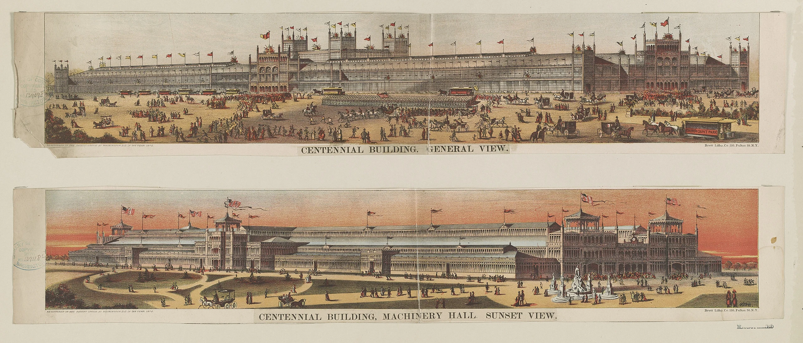 Centennial building. General view. Centennial building, Machinery Hall. Sunset view - Howe.