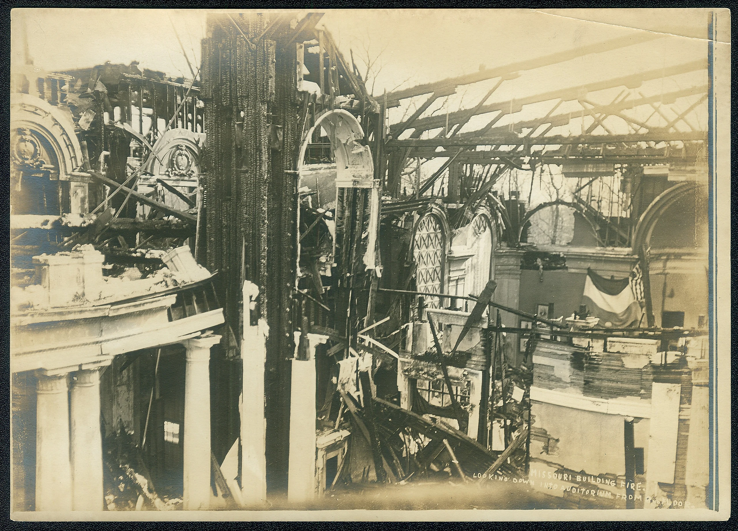 "Missouri Building Fire. Looking Down Into Auditorium From Second Floor." (Interior of the Missouri State Building at th