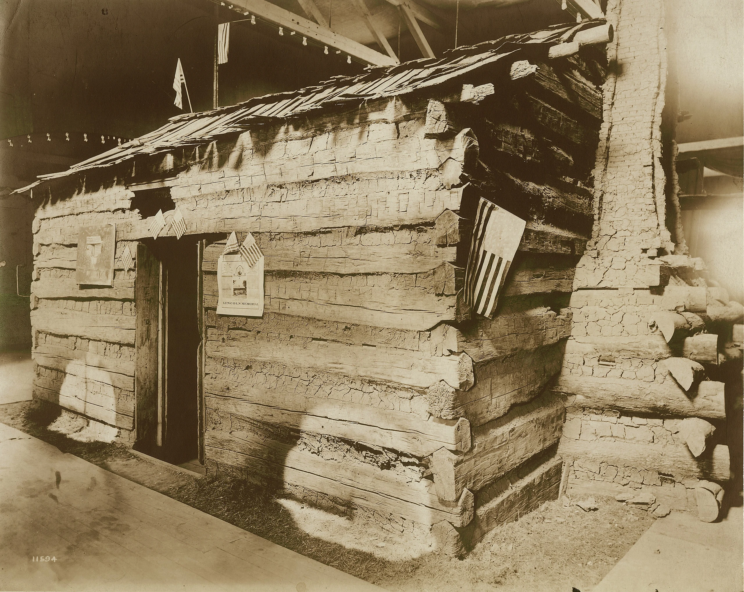 Abraham Lincoln's childhood home (Lincoln log cabin in Lincoln Museum) on display at the 1904 World's Fair.