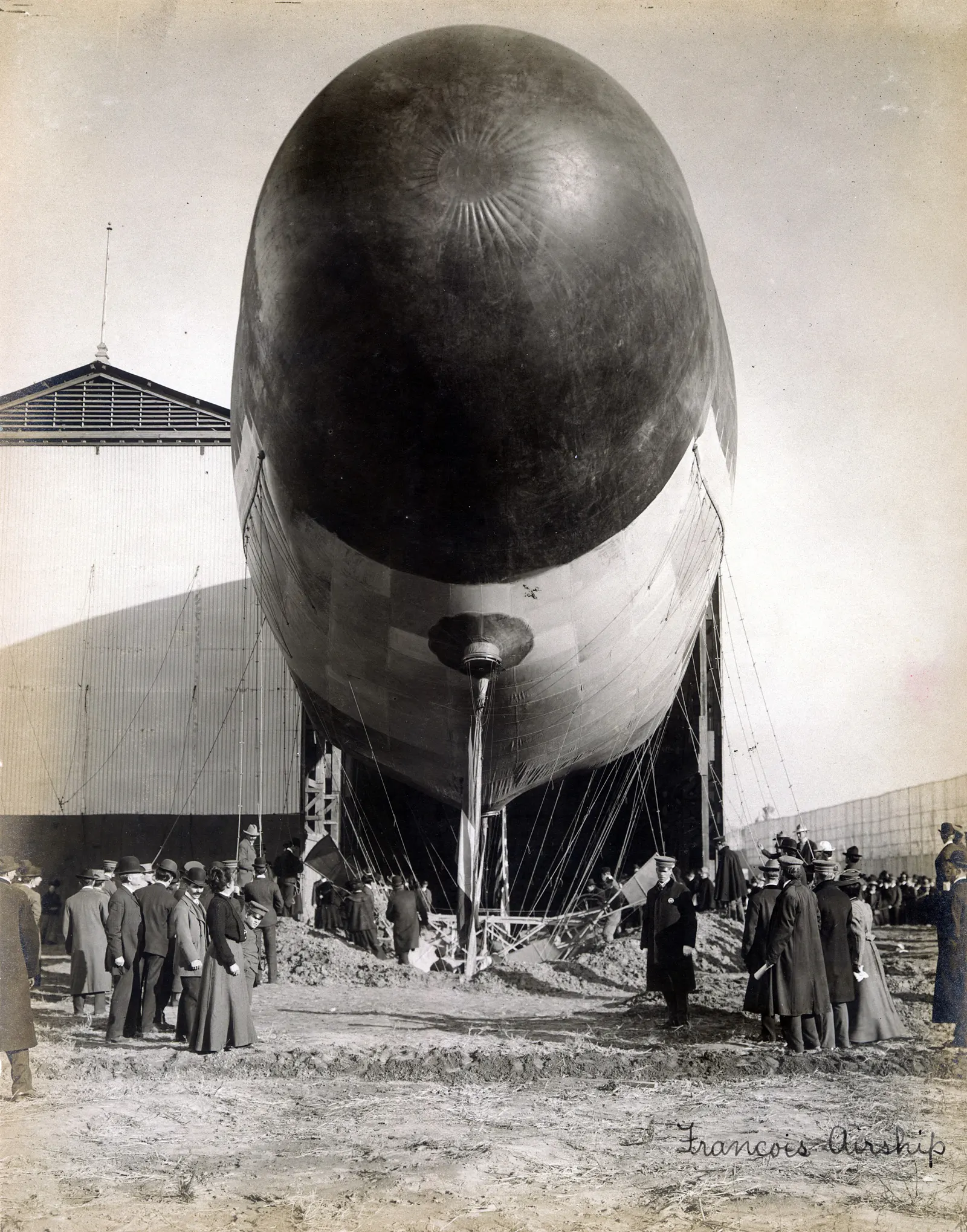"Francois Airship." (airship emerging from the Department of Transportation's hangar at the 1904 World's Fair).