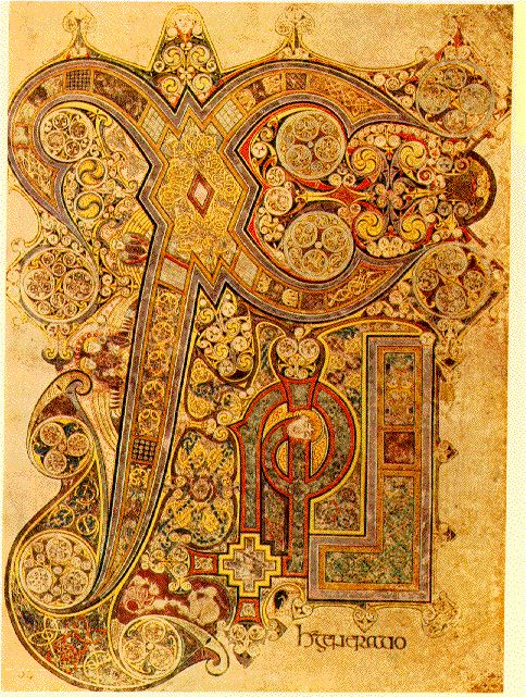 The Chi-Rho page of the Book of Kells, c. 800 AD — the monogram of Christ turned into dense golden interlace