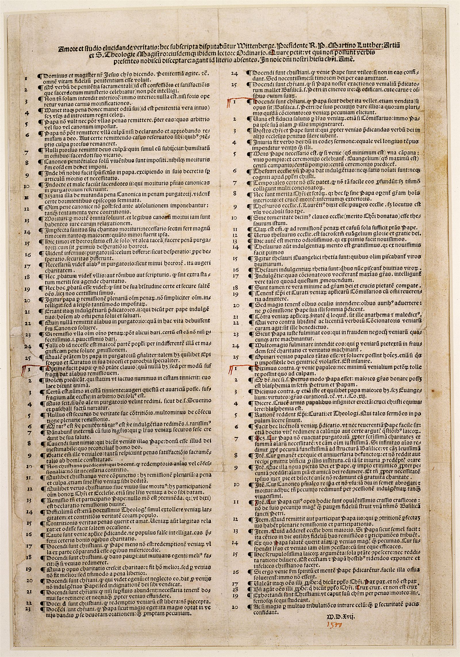 The printed 95 Theses of Martin Luther, 1517 — dense Latin type on a single sheet
