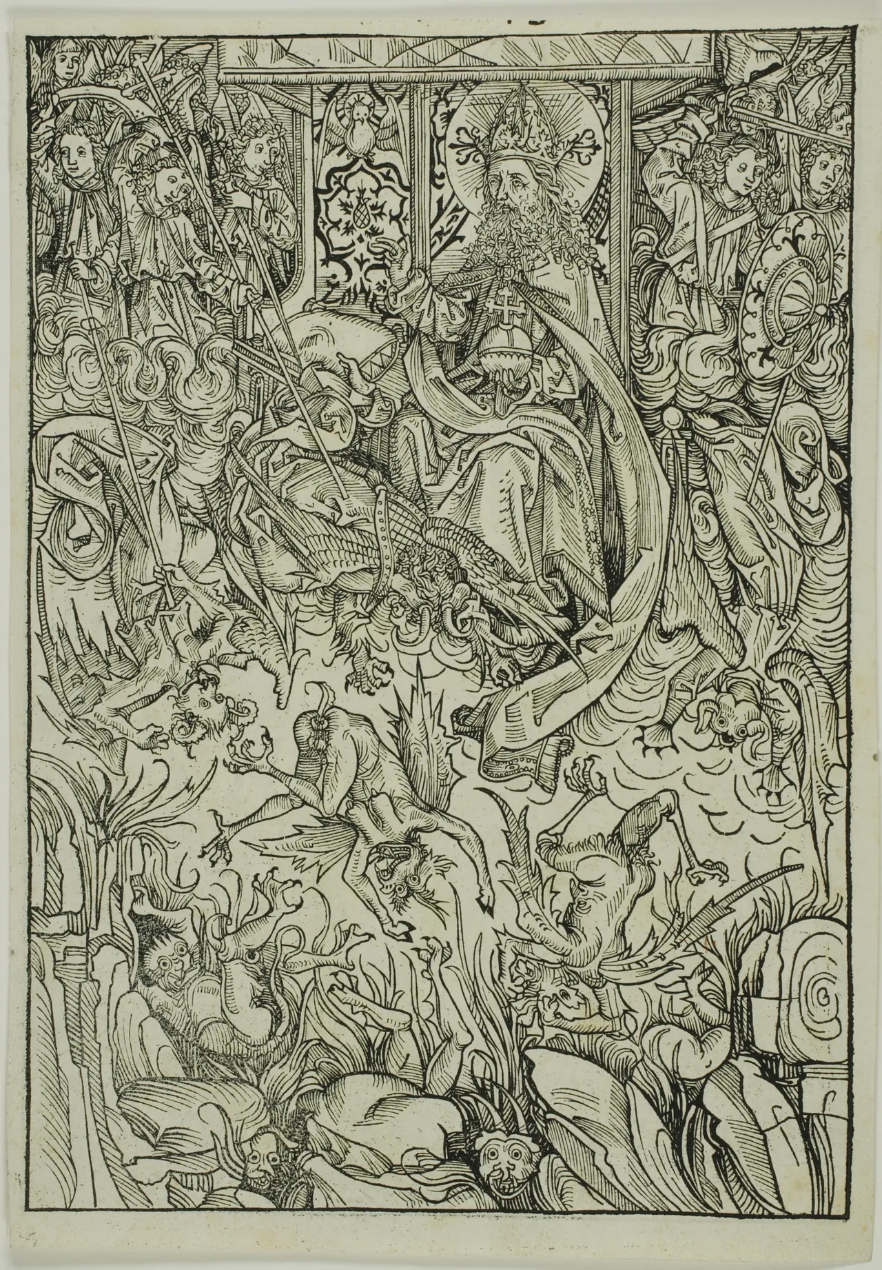 The Fall of Lucifer and the Rebel Angels (verso); The Gathering of the Angels (recto), pages three and two from the Treasury (Schatzbehalter)