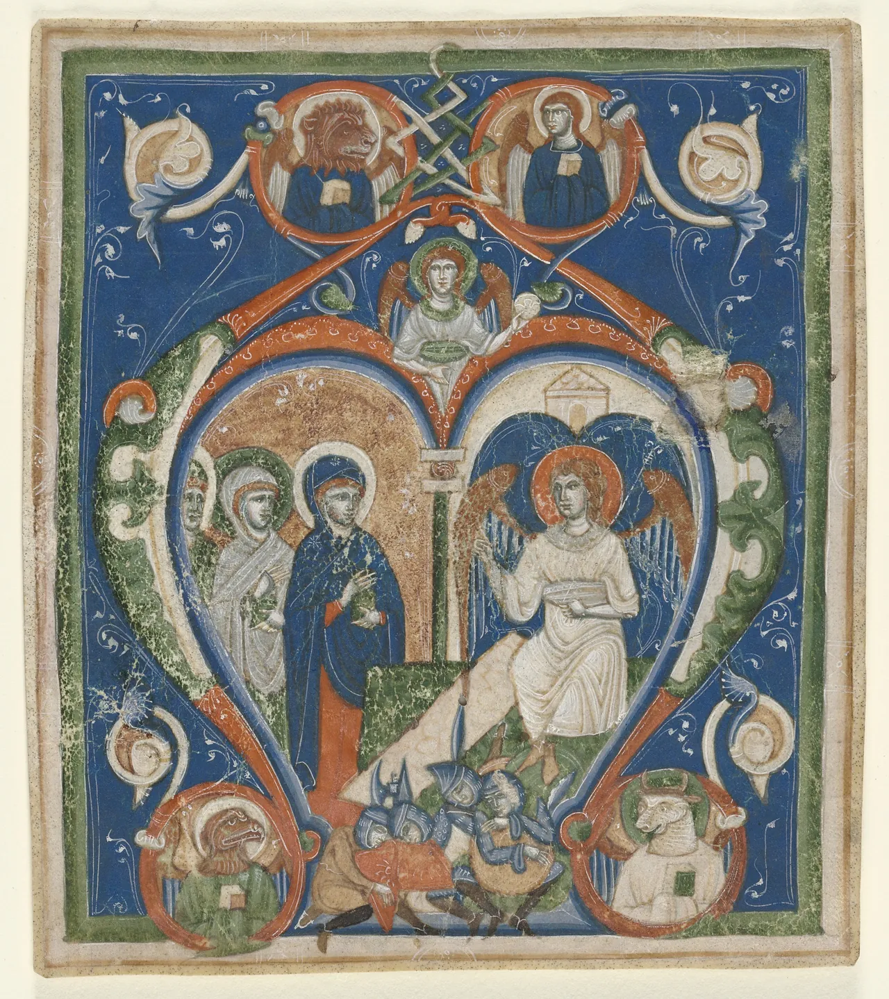 Initial A[ngelus Domini descendit] from an Antiphonary: The Three Marys at the Tomb