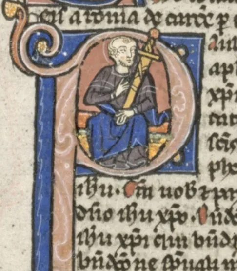 Leaf from a Latin Bible: Initial P with St. Paul Holding a Sword (St. Paul's Epistle to the Ephesians)