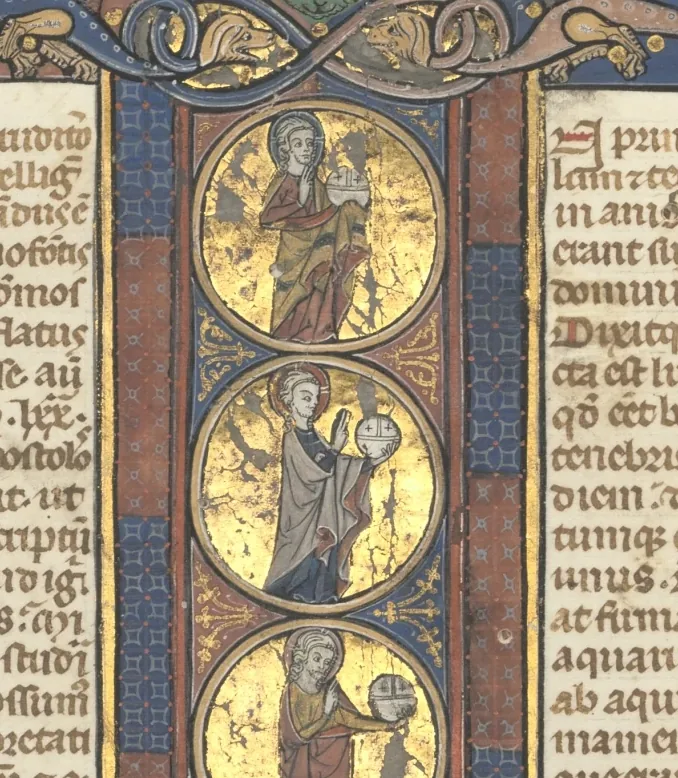 Fol. 1r, Genesis, with a full-length historiated initial I, showing the Creation and the Crucifixion, all on burnished gold grounds, with diapered pink and blue frames and cusped dragon and foliage extensions at top and bottom, on which are perched a vari