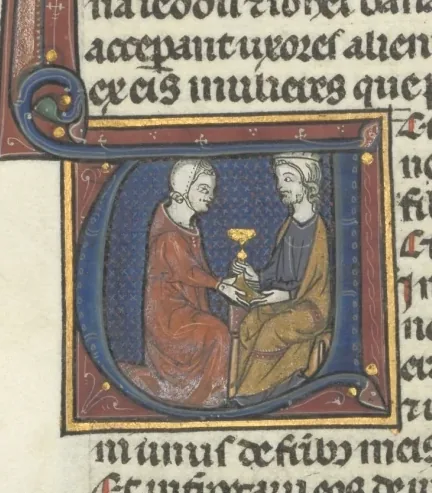 Fol. 178v, Nehemiah, historiated initial V, Nehemiah presenting the golden cup to Artaxerxes