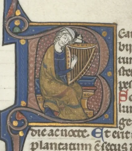 Fol. 214v, Psalm 1, historiated initial 8, David harping