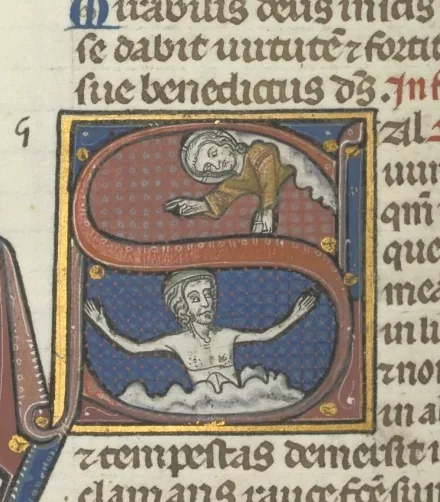 Fol. 224v, Psalm 68, historiated initial S, David in the water appealing to God above