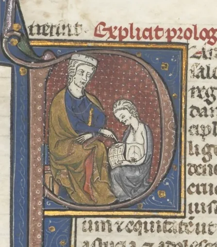 Fol. 238r, Proverbs, historiated initial P, Solomon instructing Rehoboam