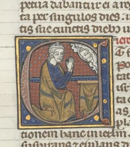 Fol. 315r, Lamentations, historiated initial E, a kneeling Jeremiah praying to a bust of God