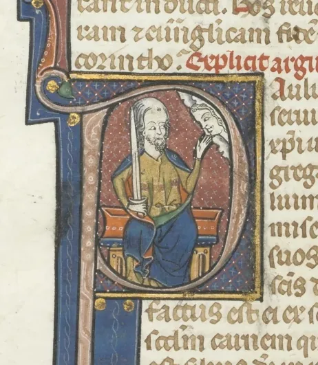 Fol. 435v, Romans, historiated initial P, Paul seated with a sword talking to the bust of God above