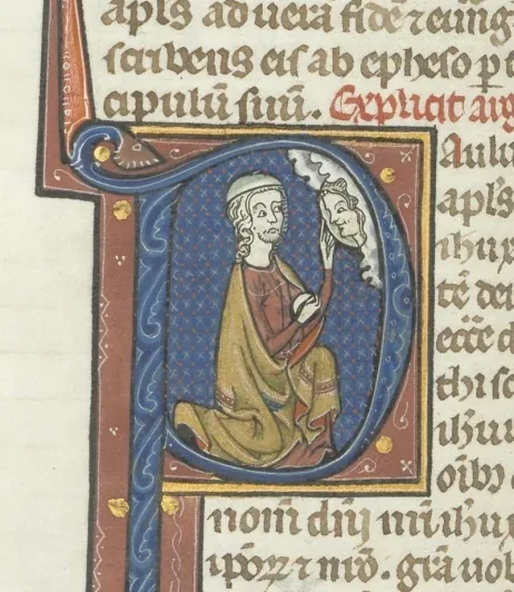 Fol. 440v, Corinthians I, historiated initial P, Paul kneeling talking to the bust of God above