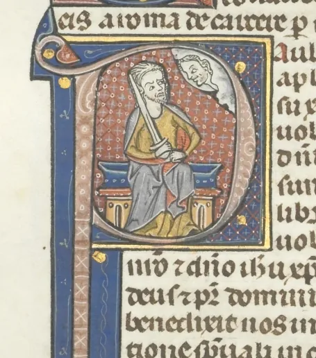 Fol. 450v, Ephesians, historiated initial P, Paul seated with a sword, the bust of God above