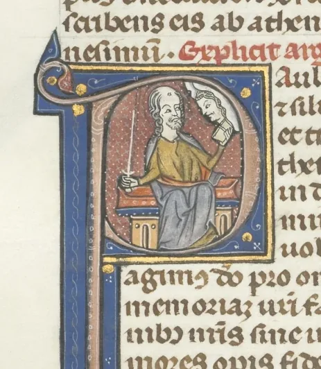 Fol. 454v,Thessalonians I, historiated initial P, Paul seated with a sword and a book, talking to the bust of God above