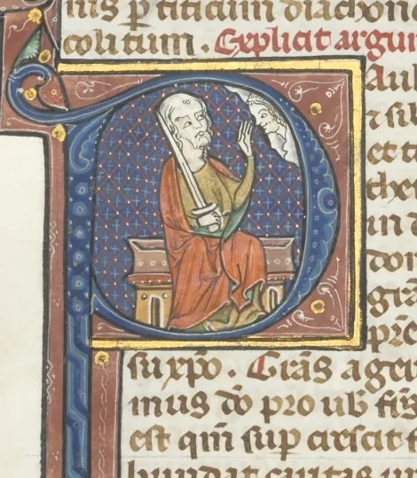 Fol. 455v, Thessalonians II, historiated initial P, Paul seated with a sword, talking to the bust of God above