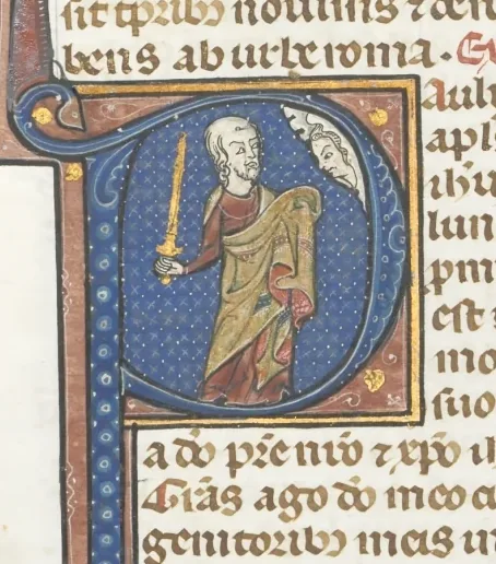 Fol. 457v, Timothy II, historiated initial P, Paul talking to the bust of God above