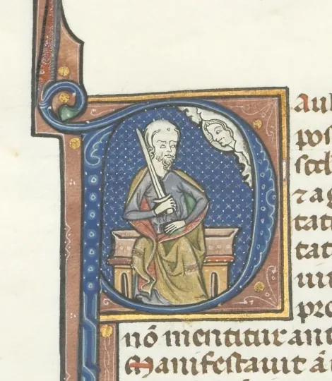 Fol. 458v, Titus, historiated initial P, Paul seated with a sword