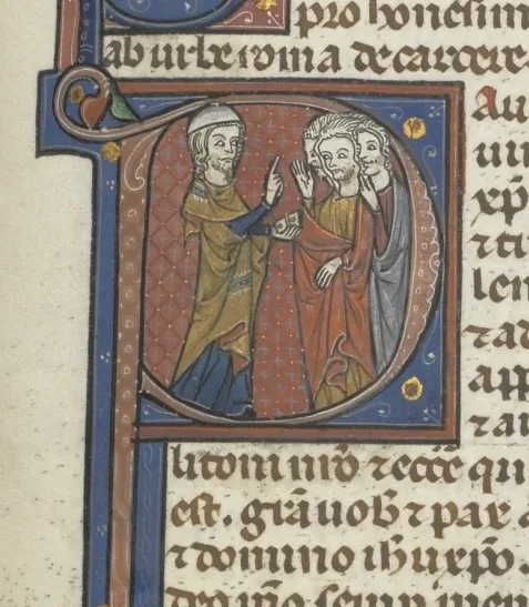Fol. 459r, Philemon, historiated initial P, Paul addressing three men and Hebrews, historiated initial M, Paul seated at a desk, writing