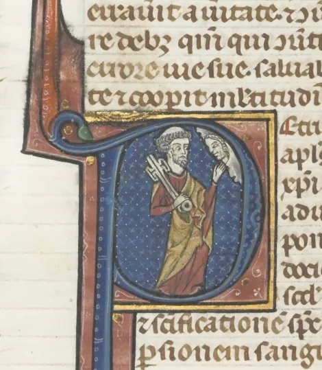 Fol. 477v, Peter, historiated initial P, Peter with a key, talking to the bust of God above