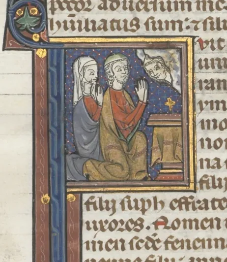 Fol. 98r, Kings I, historiated initial F, Elkanah and Hannah kneeling before an altar with God appearing above