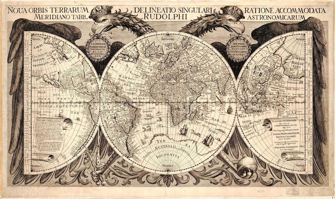 Noua orbis terrarum delineatio singulari ratione accommodata meridiano tabb. Rudolphi astronomicarum