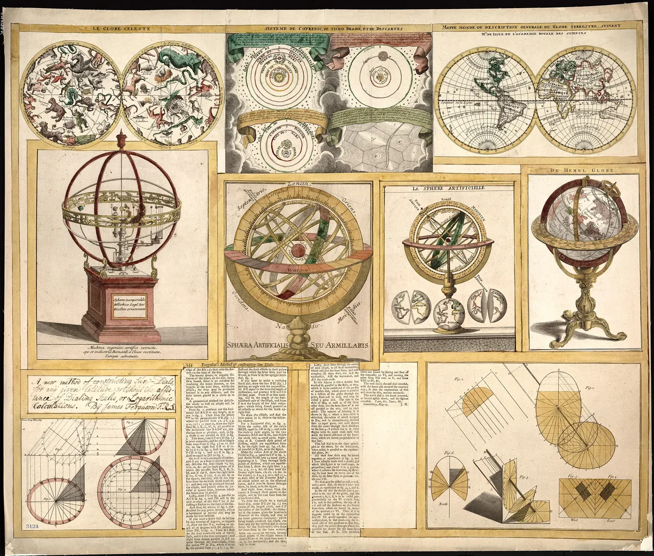 [Collection of nine images including astronomical instruments, celestial charts, and a world map]
