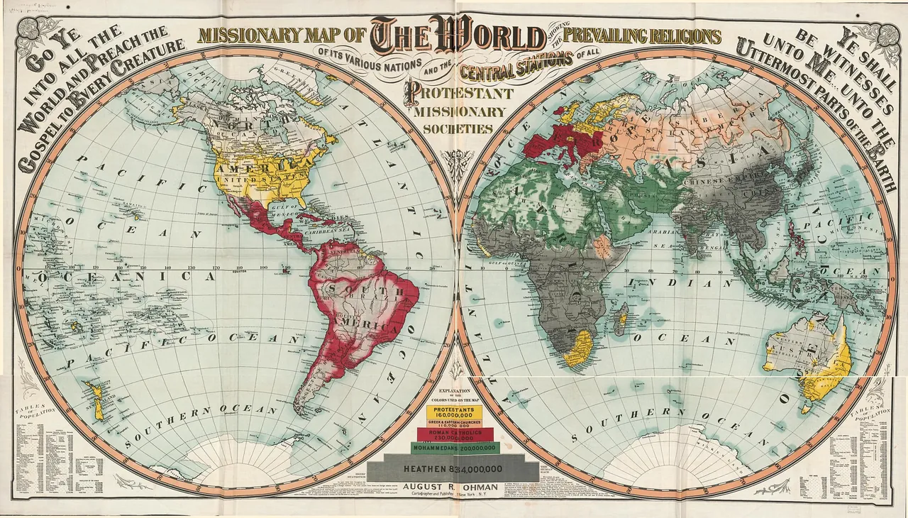 Missionary map of the world showing prevailing religions of its various nations and the central stations of all Protesta
