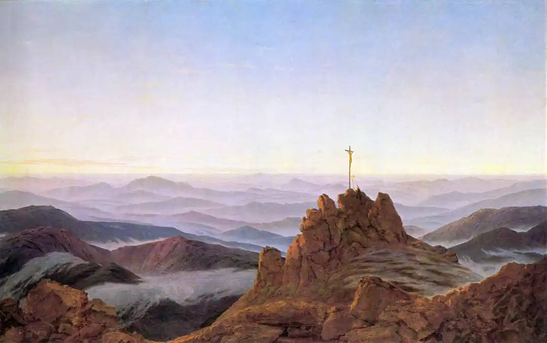 Morning on the Riesengebirge — a cross at dawn on a mountain peak