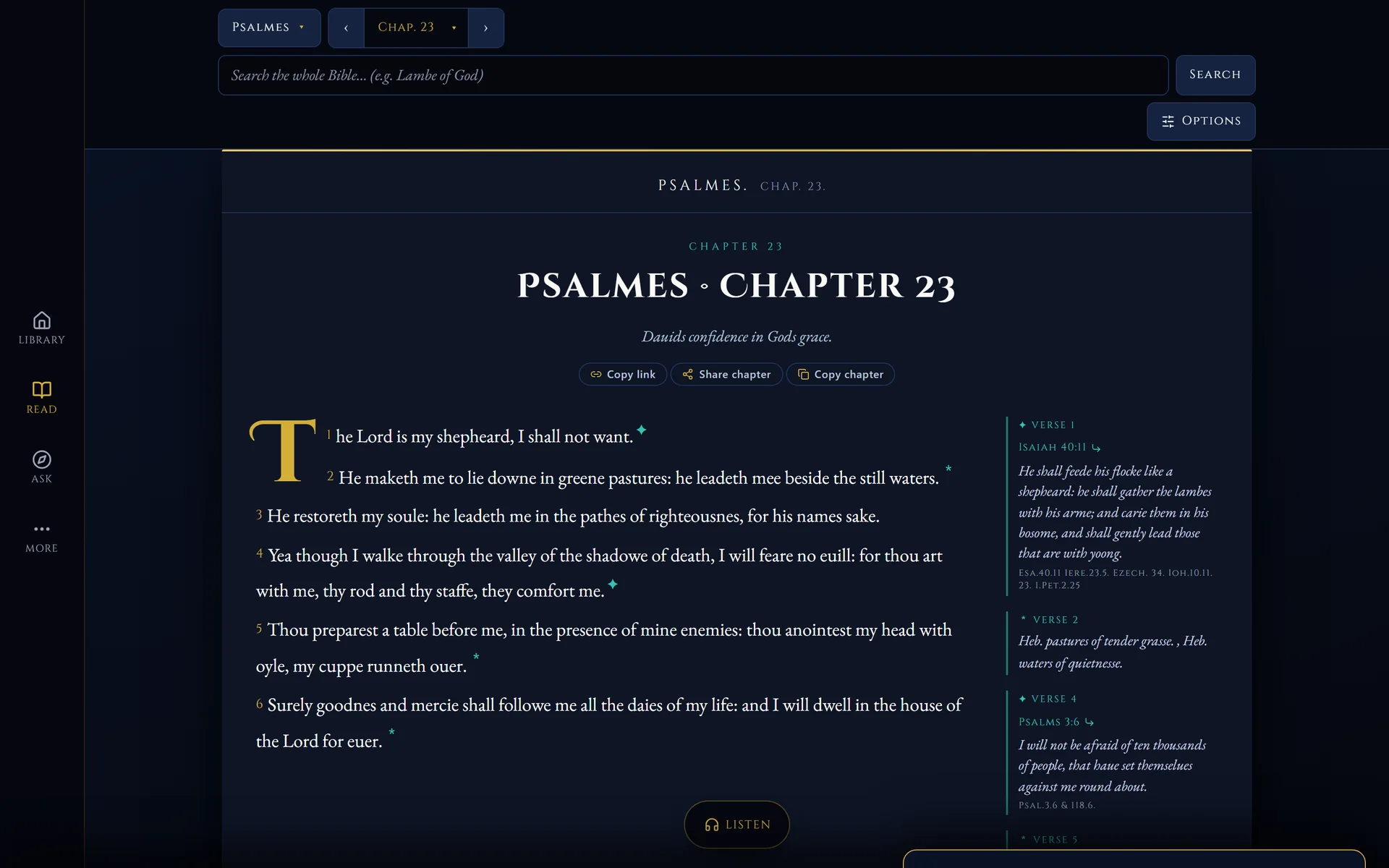 The 1611 Reader on Windows, Psalm 23 with the margin notes