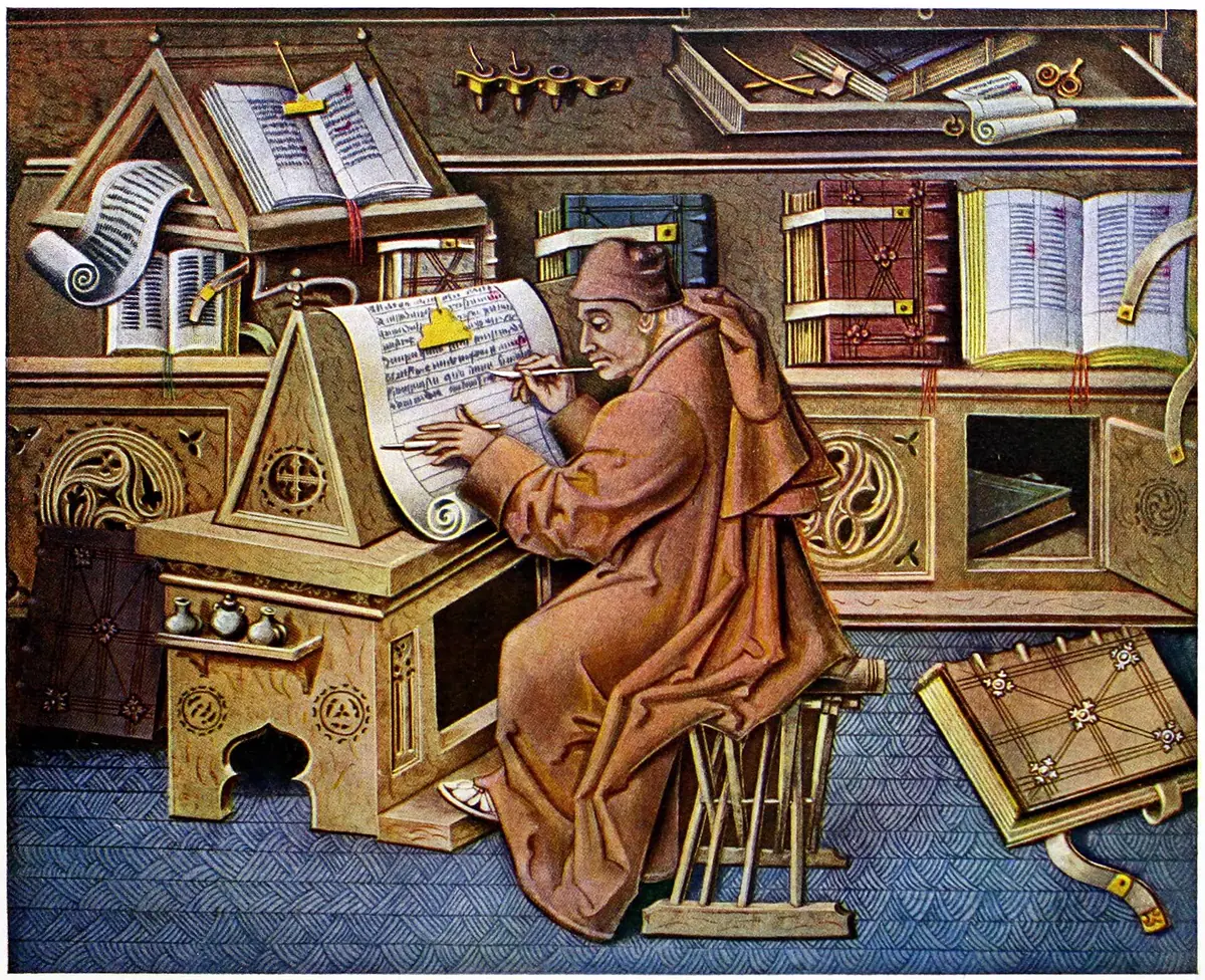 A 15th-century miniature of the scribe Jean Miélot at work in a scriptorium