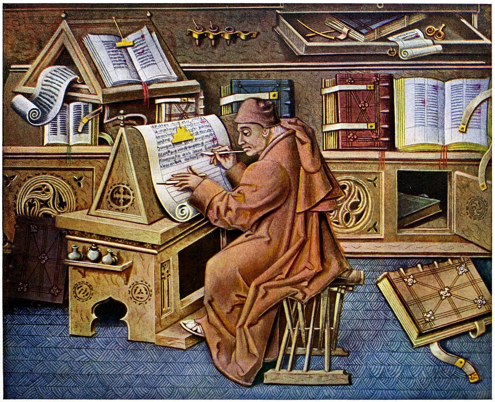 A 15th-century miniature of the scribe Jean Miélot at work in a scriptorium