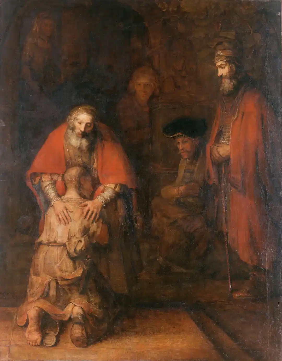 A father's hands resting on the back of his kneeling son, warm enveloping reds, witnesses in shadow