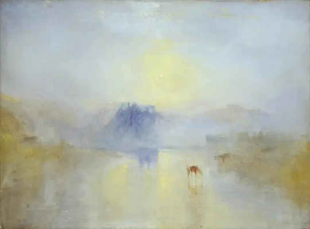 A castle and cliff dissolving into mist and gold light around a soft, unresolved sun; a cow drinks at the water