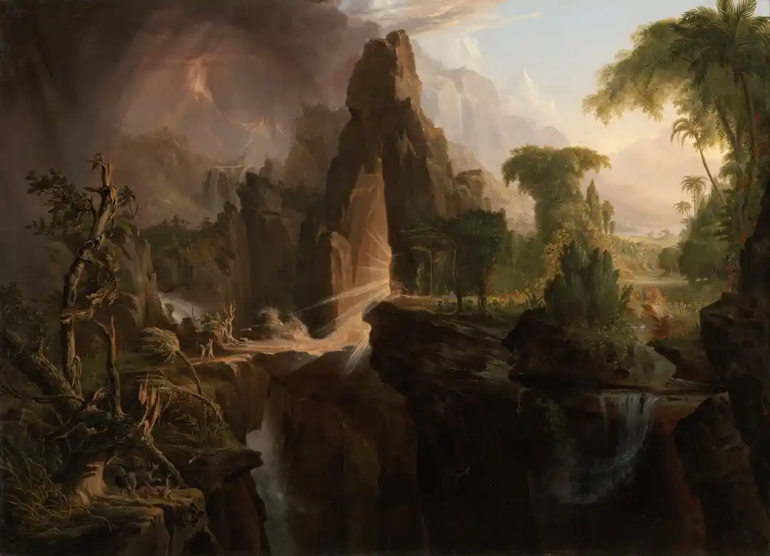 A divided landscape: dark volcanic chaos on one side, a shaft of light splitting the rock, Eden still glowing beyond