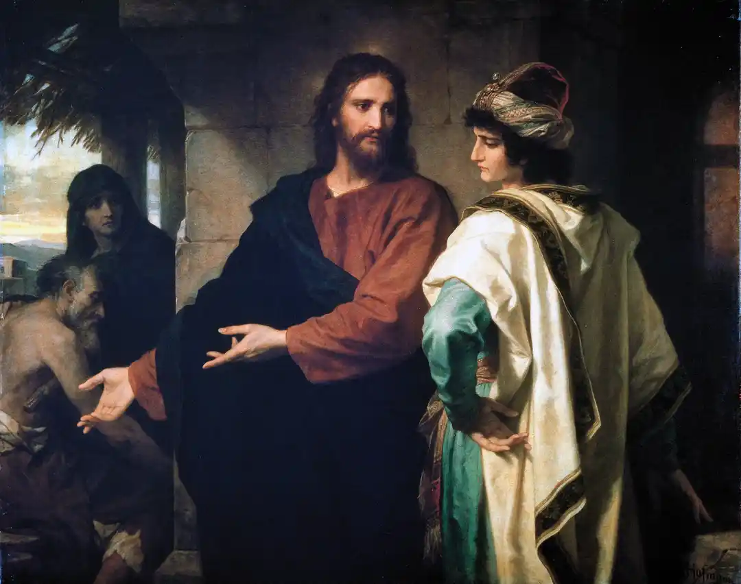 Christ's open hand gesturing toward a seeker and a poor man, the rich young ruler turning half away in a fine robe