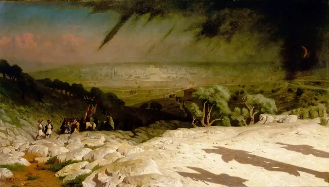 Three cross-shaped shadows cast across the ground toward a darkened, eclipsed Jerusalem