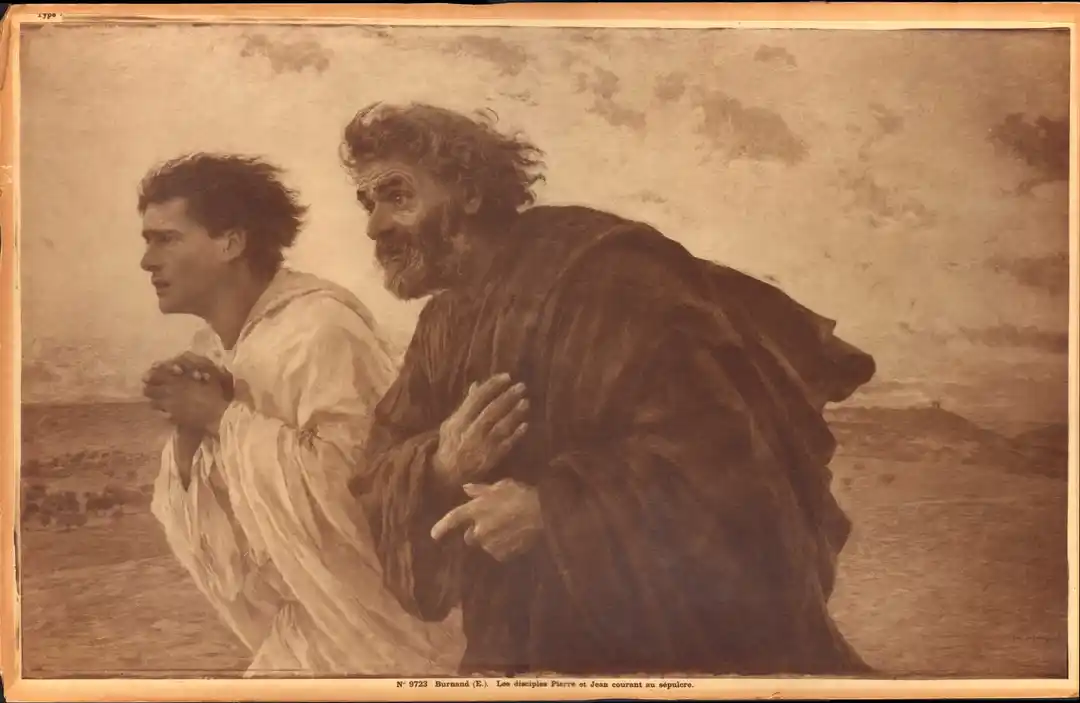 Two disciples running with windswept hair and straining gait, dawn light over distant hills