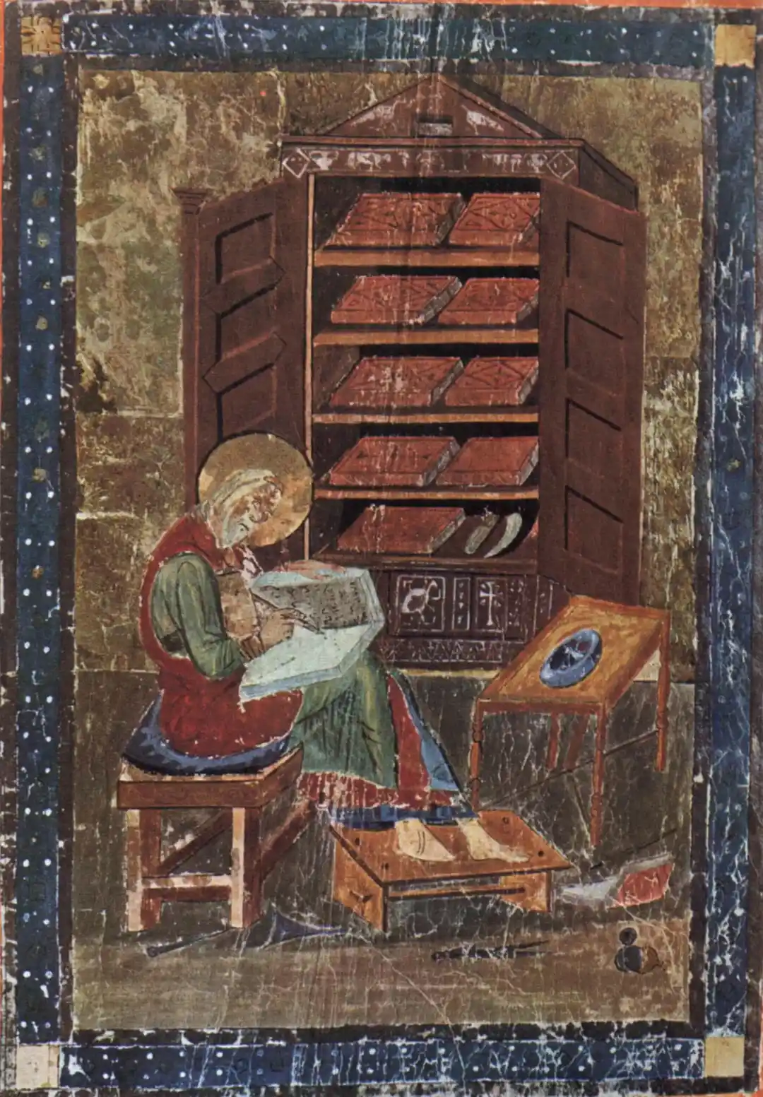 A single figure seated at work in a scripture cabinet, mid-copy, warm illuminated palette