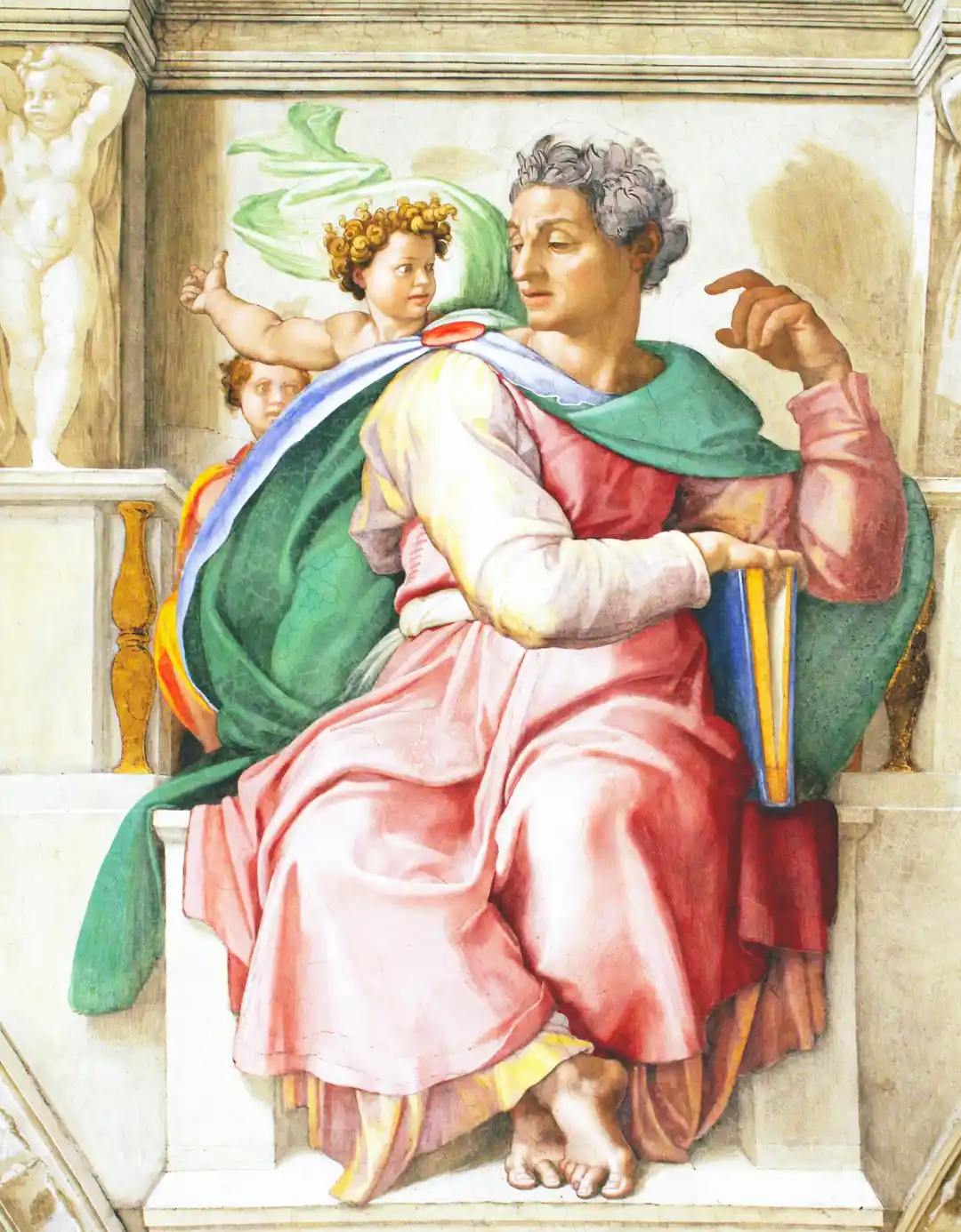 The prophet Isaiah in a dynamic turning pose, hand mid-gesture as if receiving the word, fresco palette