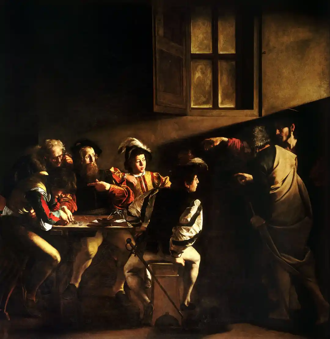 A beam of light connects Christ's outstretched hand to Matthew's face across a lit tavern