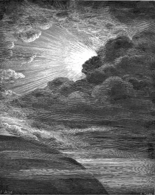 Pure light bursting through storm cloud over a dark sea, no figures