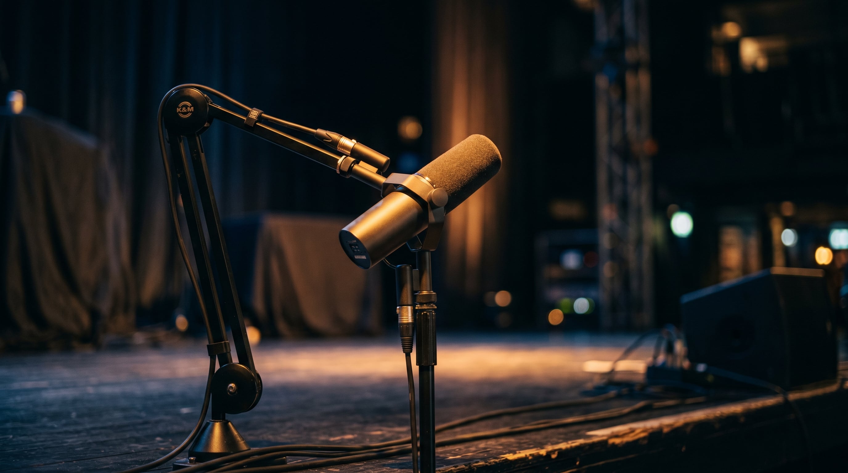 Microphone on stage with warm golden lighting